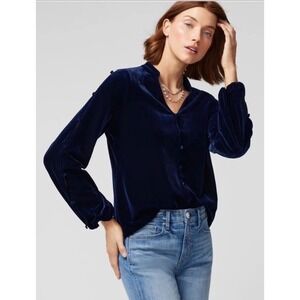 NWT White House Black Market Long Sleeve V Neck Velvet Blue Blouse Womens Size S